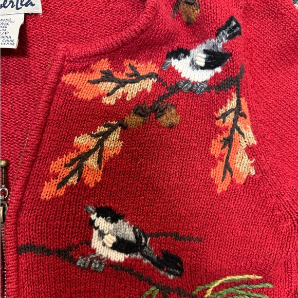 Vintage Timberlea Red Embroidered Bird Foliage Full Zip Sweater Size Small - Picture 3 of 8
